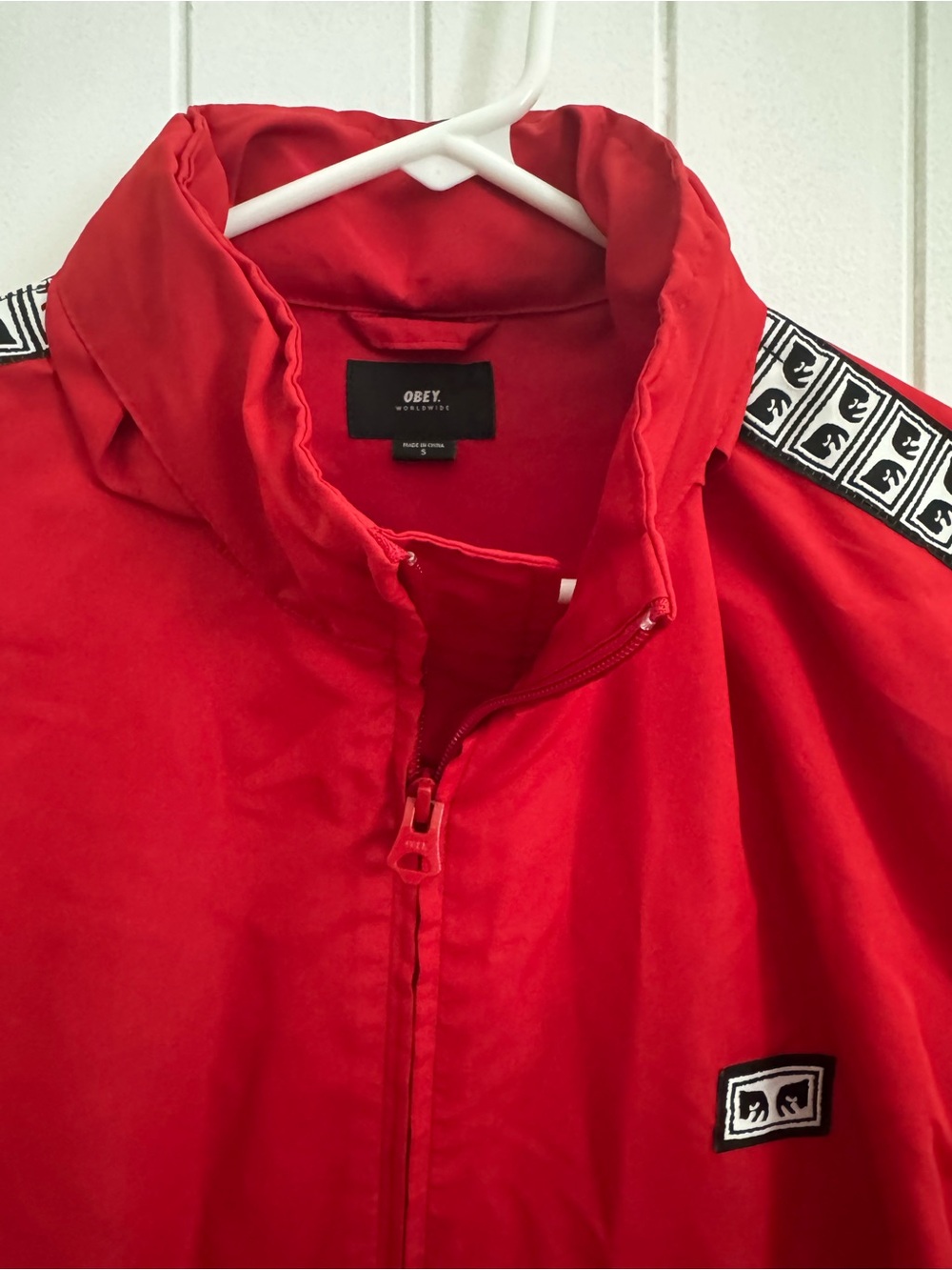 Obey Red Windbreaker with Logo Tape Shoulder Detail
